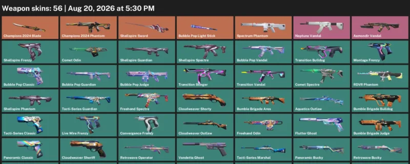 Valorant account inventory for LVL 105 · 56 Skins Champions 2024 Blade