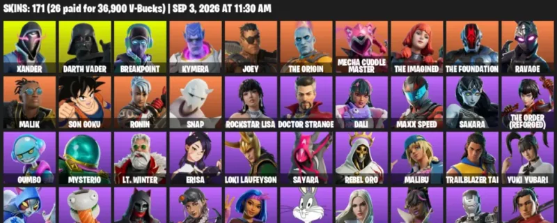 Fortnite account inventory for LVL 1550 - Xander - Darth Vader - 171 Outfits