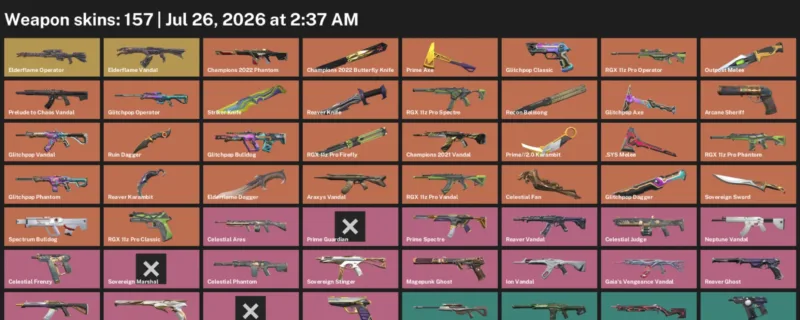 Valorant Accounts listing: LVL 112 · .SYS Melee & Celestial Fan · 157 Skins - Diamond 2, 157 skins