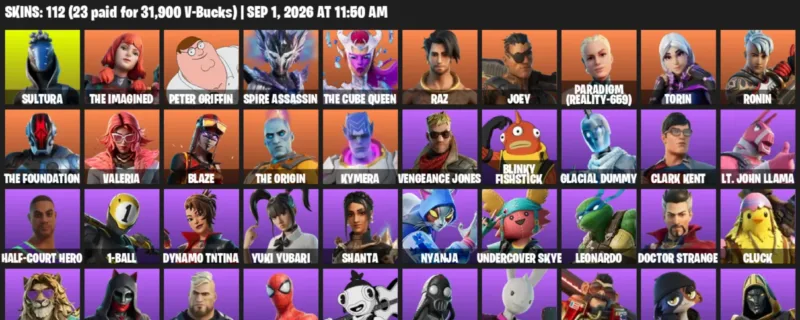 Fortnite account inventory for LVL 1934 - Sultura - The Imagined - 112 Outfits