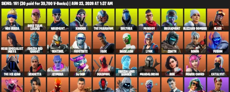 Fortnite account inventory for LVL 1564 - Neo Versa - Rose Team Leader - 151 Outfits