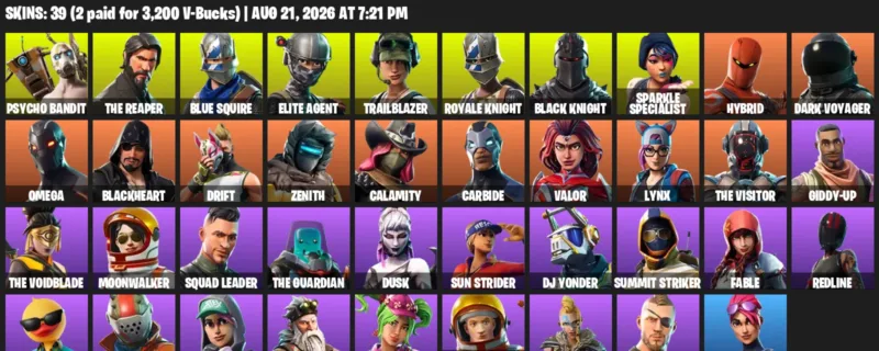 Fortnite account inventory for LVL 466 - Psycho Bandit - The Reaper - 39 Outfits