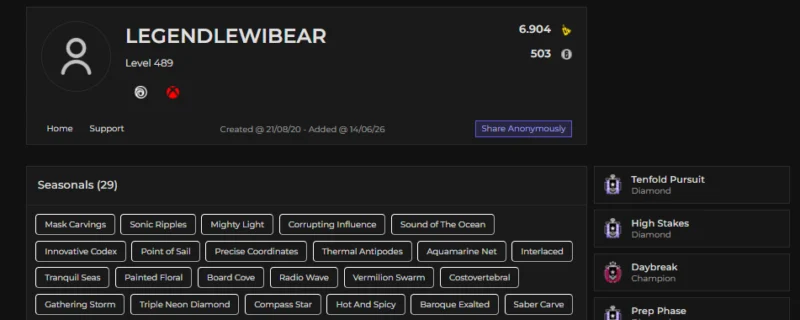 Rainbow Six Siege Accounts listing: LVL 489, 2x Champion, 5x Diamond, 29 Seasonals, 7 Elite - Champion, 51 Black Ice