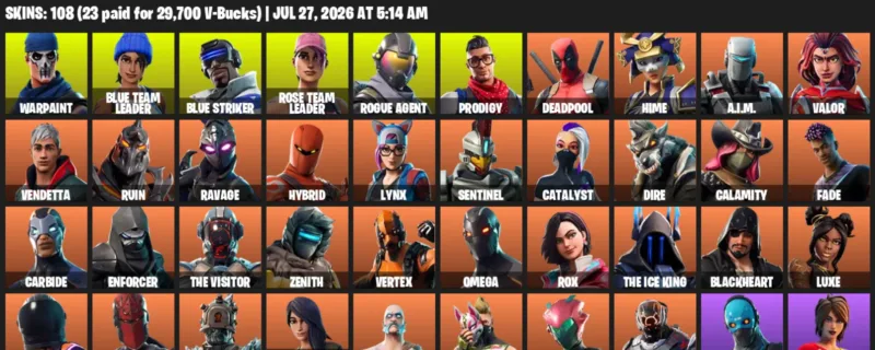 Fortnite Accounts listing: LVL 734 - Warpaint - Blue Team Leader - 108 Outfits - 108 outfits