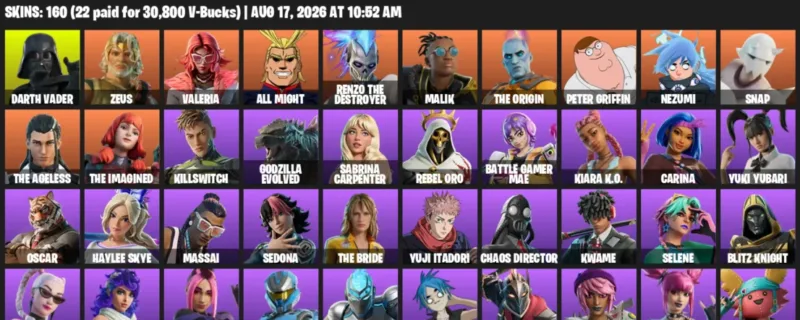 Fortnite account inventory for LVL 2168 - Darth Vader - Zeus - 160 Outfits