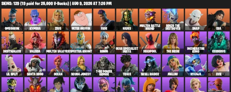 Fortnite account inventory for LVL 1423 - Omegarok - Kymera - 129 Outfits