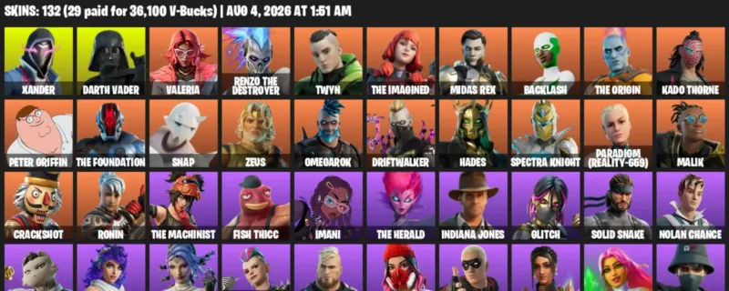 Fortnite account inventory for LVL 1500 - Xander - Darth Vader - 132 Outfits
