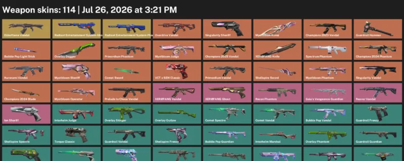 Valorant Accounts listing: LVL 161 · Champions 2024 Blade & Comet Sword · 114 Skins - Gold 1, 114 skins