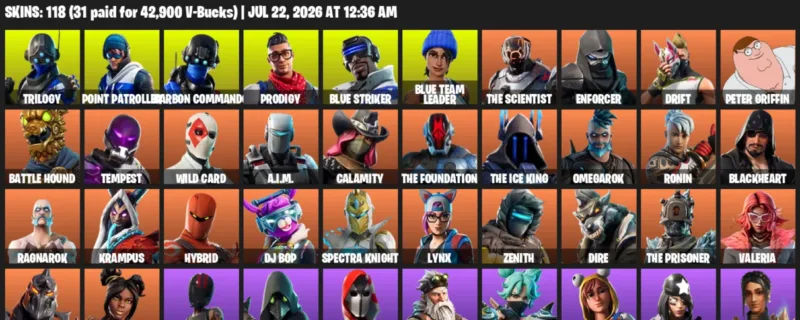 Fortnite Accounts listing: LVL 1472 - Trilogy - Point Patroller - 118 Outfits - 118 outfits