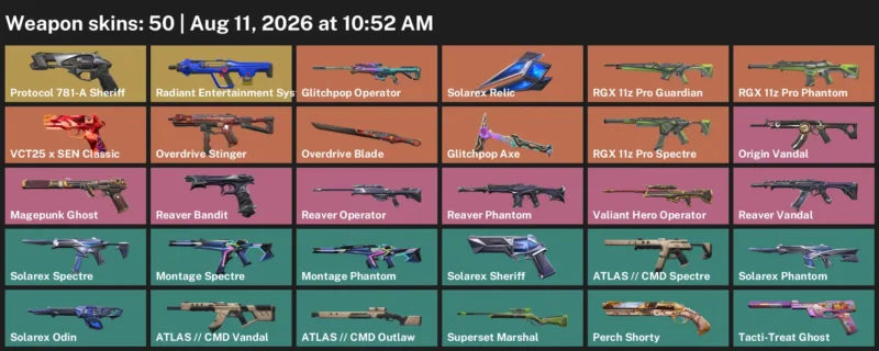 Valorant account inventory for LVL 182 · Overdrive Blade & Glitchpop Operator