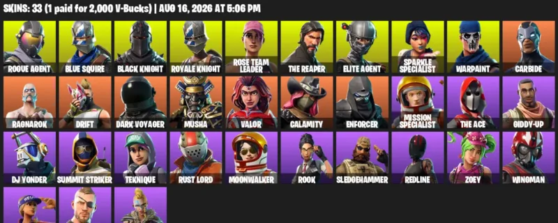 Fortnite account inventory for LVL 552 - Rogue Agent - Blue Squire - 33 Outfits