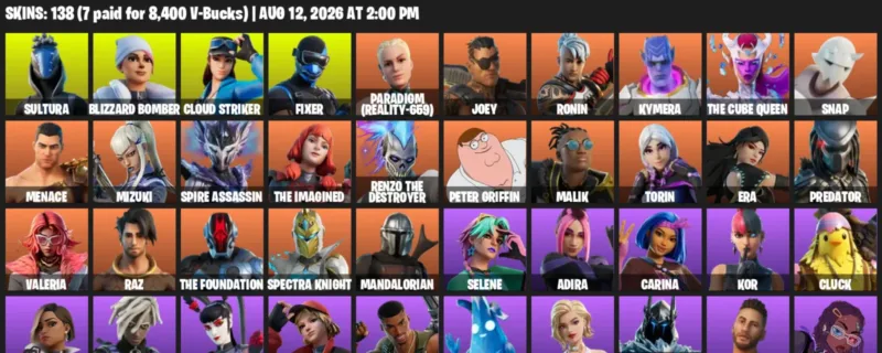 Fortnite account inventory for LVL 2087 - Sultura - Blizzard Bomber - 138 Outfits