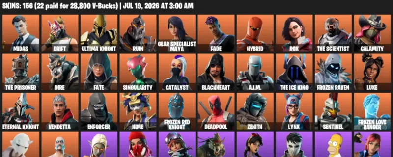 Fortnite Accounts listing: LVL 1852 - Midas - Drift - 156 Outfits - 156 outfits