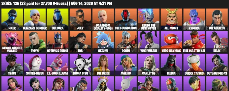Fortnite account inventory for LVL 1832 - Fixer - Blizzard Bomber - 125 Outfits