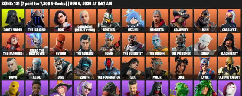 Fortnite account inventory for LVL 2957 - Darth Vader - The Ice King - 121 Outfits