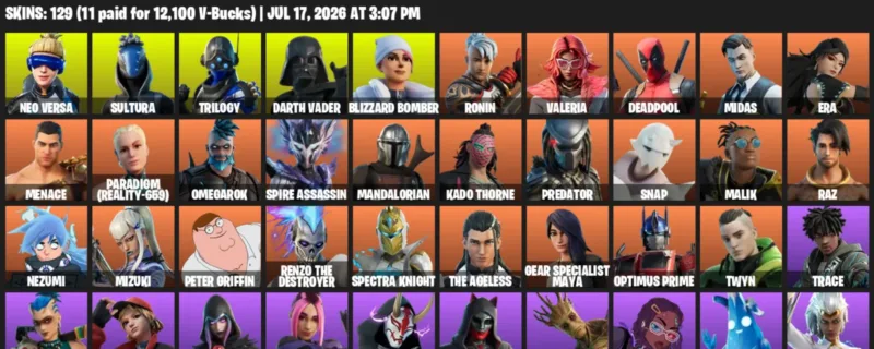 Fortnite Accounts listing: LVL 3727 - Neo Versa - Sultura - 129 Outfits - 129 outfits