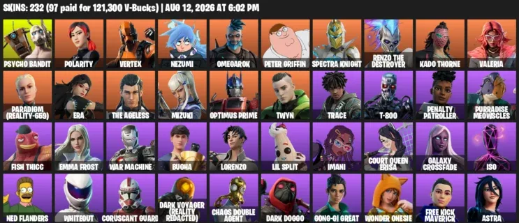 Fortnite account inventory for LVL 3267 - Psycho Bandit - Polarity - 232 Outfits