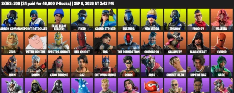 Fortnite account inventory for LVL 3224 - Carbon Commando - Point Patroller - 209 Outfits