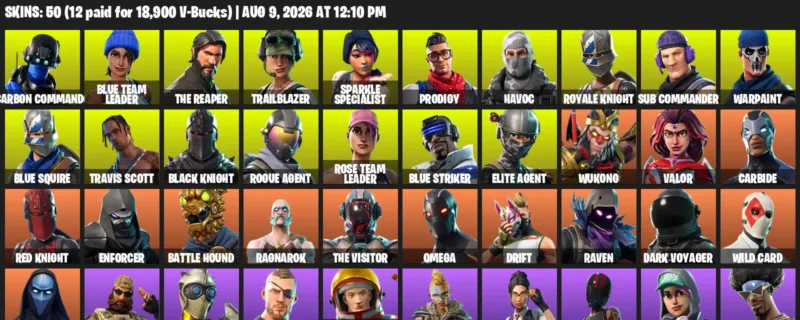 Fortnite account inventory for LVL 609 - Carbon Commando - Blue Team Leader - 50 Outfits