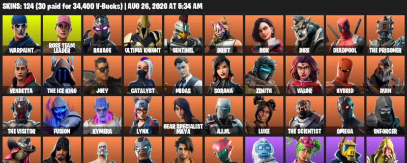 Fortnite account inventory for LVL 1455 - Warpaint - Rose Team Leader - 124 Outfits