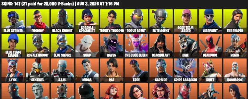Fortnite account inventory for LVL 1854 - Blue Striker - Prodigy - 147 Outfits