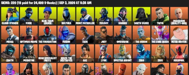 Fortnite account inventory for LVL 2338 - Cloud Striker - Fixer - 220 Outfits