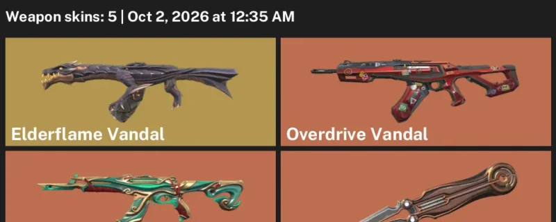 Valorant account inventory for LVL 48 · 5 Skins Elderflame Vandal & Overdrive Vandal