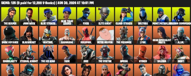 Fortnite account inventory for LVL 2398 - The Reaper - John Wick - 125 Outfits