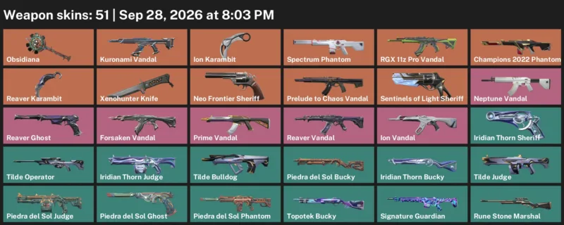 Valorant account inventory for LVL 136 · Champions 2022 Phantom & Ion Karambit & Reaver Karambit
