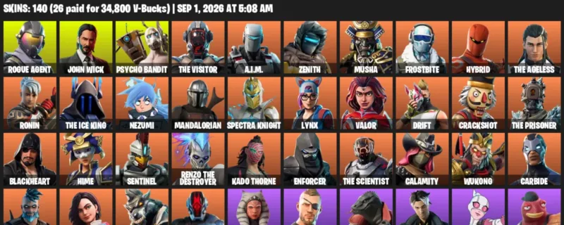 Fortnite account inventory for LVL 2102 - Rogue Agent - John Wick - 140 Outfits