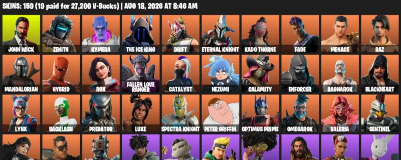 Fortnite account inventory for LVL 2332 - John Wick - Zenith - 159 Outfits