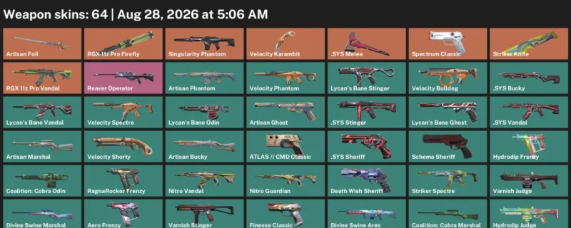 Valorant account inventory for LVL 155 · Velocity Karambit & Striker Knife