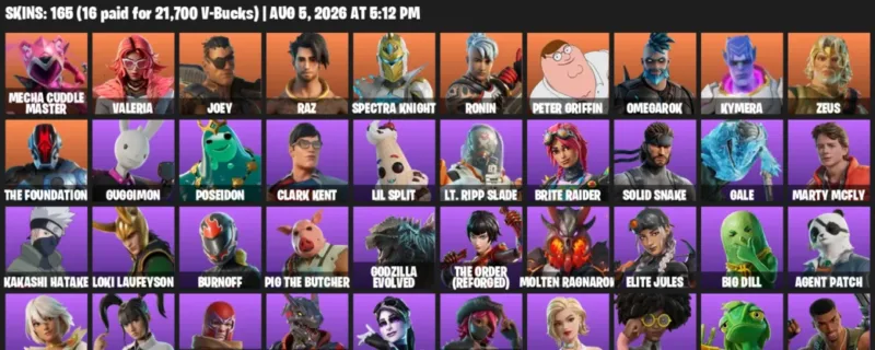 Fortnite account inventory for LVL 3155 - Mecha Cuddle Master - Valeria - 165 Outfits