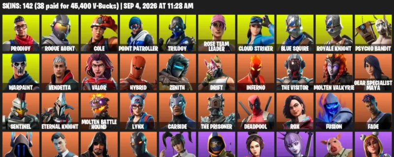 Fortnite account inventory for LVL 2114 - Prodigy - Rogue Agent - 142 Outfits