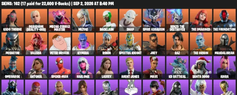 Fortnite account inventory for LVL 2015 - Kado Thorne - Paradigm (Reality-659) - 162 Outfits
