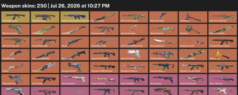 Valorant Accounts listing: LVL 221 · .SYS Melee & Byteshift Knife · 250 Skins - Gold 1, 250 skins