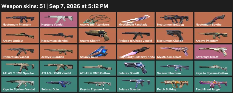 Valorant account inventory for LVL 52 · 51 Skins Nocturnum Scythe & Araxys Phantom