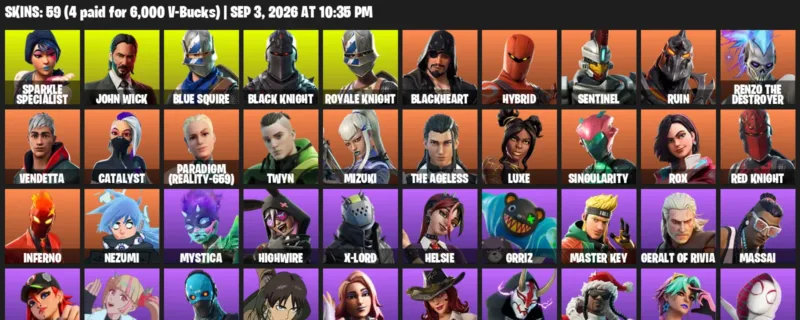 Fortnite account inventory for LVL 1024 - Sparkle Specialist - John Wick - 59 Outfits