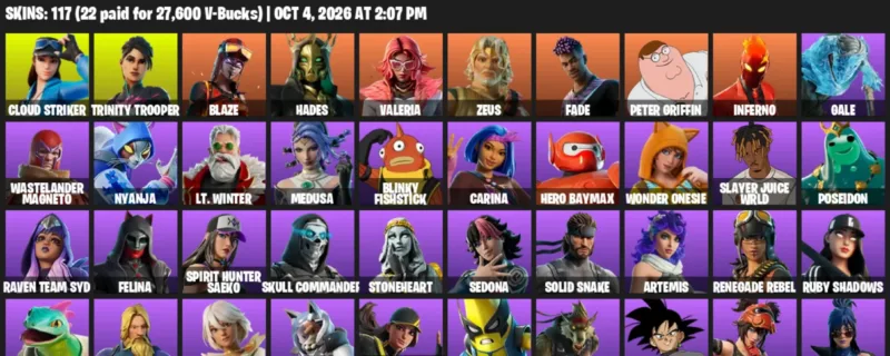 Fortnite account inventory for Cloud Striker - Trinity Trooper - 117 Outfits