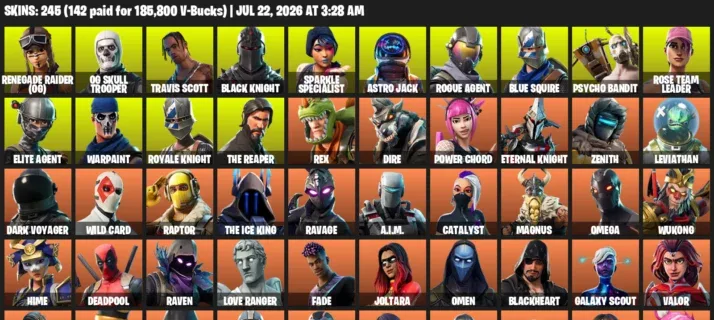 Fortnite Accounts listing: LVL 1692 - Renegade Raider (OG) - OG Skull Trooper - 245 Outfits - 245 outfits