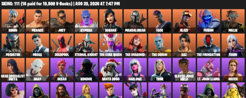 Fortnite account inventory for LVL 1839 - Ronin - Menace - 111 Outfits