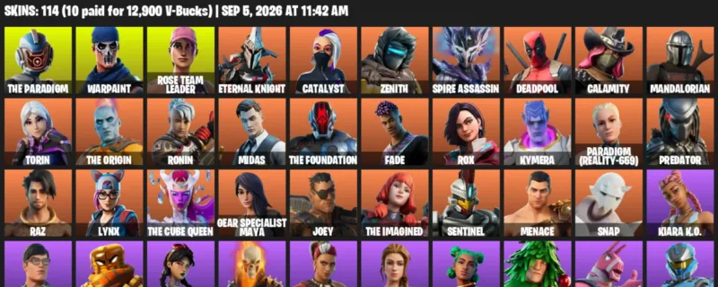 Fortnite account inventory for LVL 1473 - The Paradigm - Warpaint - 114 Outfits