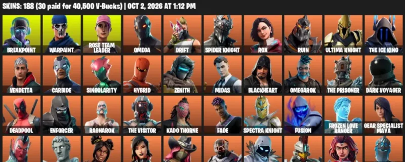 Fortnite account inventory for Breakpoint - Warpaint - 120 Outfits