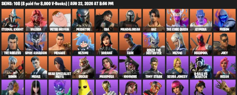 Fortnite account inventory for LVL 1813 - Eternal Knight - Valeria - 108 Outfits