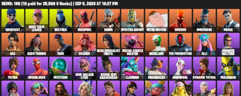 Fortnite account inventory for LVL 2466 - Warpaint - Rose Team Leader - 160 Outfits