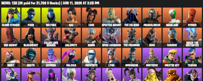 Fortnite account inventory for LVL 2070 - Cloud Striker - Fixer - 138 Outfits