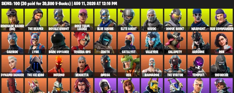 Fortnite account inventory for LVL 1158 - Renegade Raider (OG) - The Reaper - 100 Outfits
