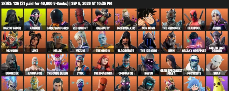 Fortnite account inventory for LVL 1712 - Darth Vader - Xander - 125 Outfits