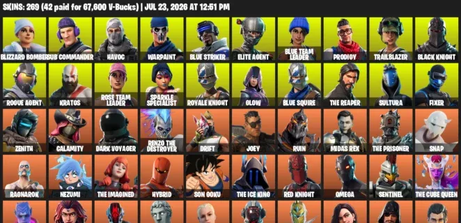 Fortnite Accounts listing: LVL 1735 - Blizzard Bomber - Sub Commander - 269 Outfits - 269 outfits