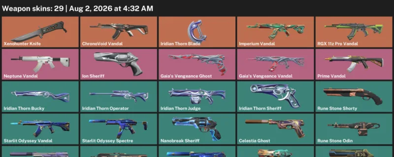 Valorant account inventory for LVL 199 · Iridian Thorn Blade & Xenohunter Knife & ChronoVoid Vandal